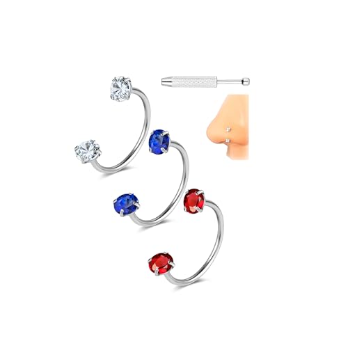 G23 Titanium 20G Horseshoe Nose Rings | Horse Shoe Nose Ring Hoops, Surgical Steel Half Cartilage Tragus Earring Hoop, Internally Threaded, Double Cubic Zirconia - style: 3PCS 8MM-Silver Ring