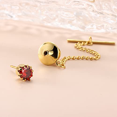 HAWSON Mens Tie Tack with Chain Round Crystal Wedding Business Accessories - color: Gold + Siam