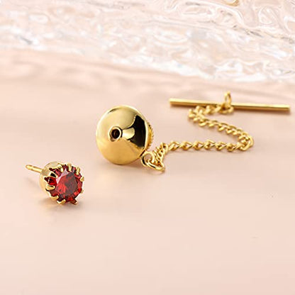 HAWSON Mens Tie Tack with Chain Round Crystal Wedding Business Accessories - color: Gold + Siam