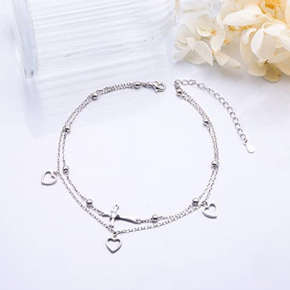 Flyow Anklet for Women S925 Sterling Silver Adjustable Foot Beaded Heart Charm Ankle Bracelet Anklets Jewelry - style: cross and heart