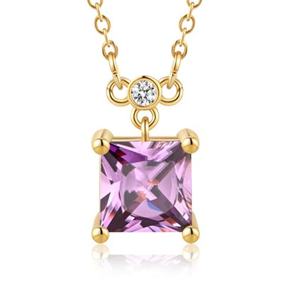 18K Gold-Plated Non Tarnish Birthstone Necklace for Women, 5A Princess Cut Cubic Zirconia Pendant, Birthday Anniversary Valentine's Gift, 18-20 Inches - color: 2-Feb-Light Purple