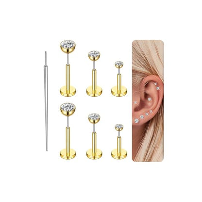 Gotumo 16G 18G 20G Flat Back Earrings Stud Titanium Threadless Nose Rings Tragus Labret Cartilage Lip Medusa Conch Body Piercing Jewelry Hypoallergenic for Women Men - color: Gold, size: 18G Bar 5/6/7mm & CZ 2/3/4mm