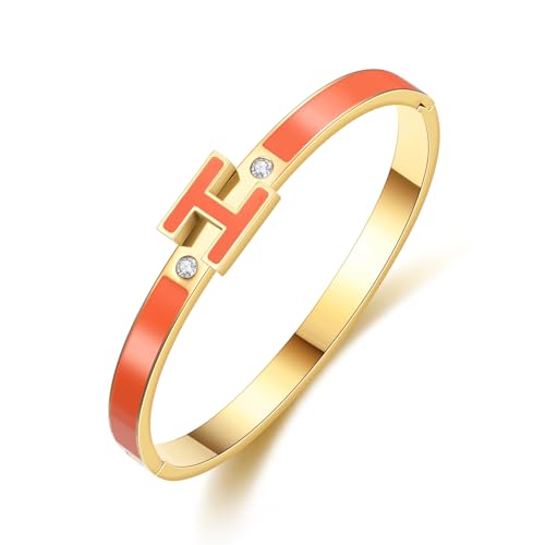 Gold Bracelets for Women, H Bangle Bracelet, Dainty 18K Gold Plated Stainless Steel Enamel Bracelet for Everyday, Work, Party, Stackable Gift for Mom, Wife, Girlfriend - color: Orange