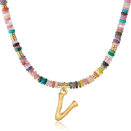 YOUFENG Initial Letter Necklaces for Women Colorful Beaded Gemstone Choker 14K Gold Plated Bamboo Letter Pendant Necklace Natural Stone Handmade Jewelry Gift - color: V
