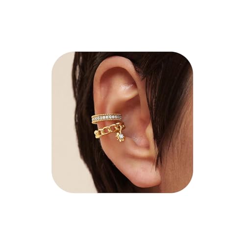 MEVECCO Ear Cuffs Non Piercing 18K Gold Plated Ear Cuff Earring Sets Clip on Cartilage Cubic Zirconia Pearl Minimalist Hypoallergenic Fake Hoop Earrings Stack Women Gifts - style: 2pcs-Chain