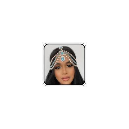 Bohemian Full Gold Rhinestone Chain Blue Crystal Head Chain Clip Drop Pendant HeadPieces Forehead Headband Hair Accessories for Wedding Brides Party Prom Costume (Gold Blue) - color: Gold Blue