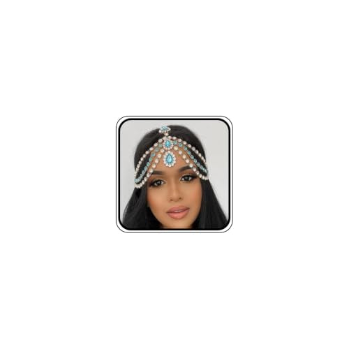 Bohemian Full Gold Rhinestone Chain Blue Crystal Head Chain Clip Drop Pendant HeadPieces Forehead Headband Hair Accessories for Wedding Brides Party Prom Costume (Gold Blue) - color: Gold Blue