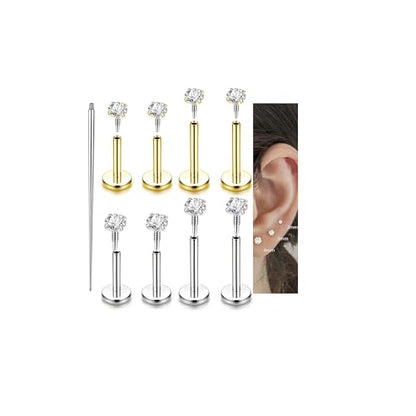 Incaton 18G Hypoallergenic Flat Back Stud Earrings, 316L Surgical Steel Internal Thread CZ Stud for Helix Tragus Cartilage Conch Nose Lip Rings Labret Piercing Jewelry For Women Gold/Silver Pack - color: GOLD + Silver