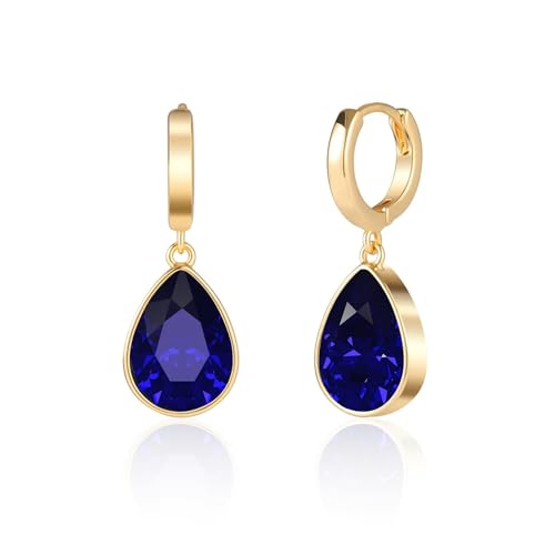 Crystals Teardrop Dangle Drop Earrings, 18K Gold Plated Hoop Earrings Zirconia Jewelry for Women Gifts - color: Navy blue