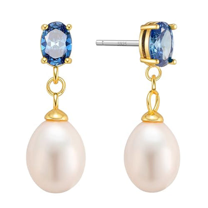 Pearl Drop Earrings Cubic Zirconia Stone Pearl Stud Earrings for Prom, Bridesmaids, Birthday Women Jewelry - color: Blue CZ Stone