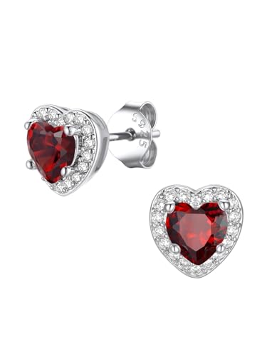 FindChic Birthstone Earrings for Women, Round/Heart/Square/Teardrop Earrings with 925 Sterling Silver Posts & Push Backs, Hypoallergenic Studs with Cubic Zirconia, 12 Months Jewelry with Gift Box - style: 01. January-Garnet (Heart-Silver)