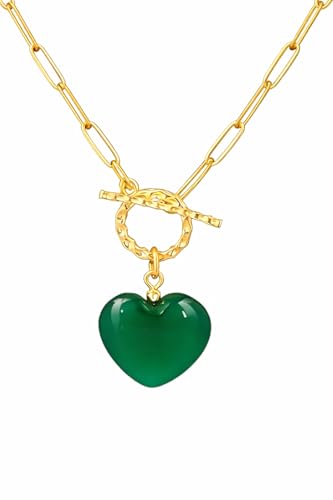 Gempires Gemstone Heart Pendant Necklace for Women, Gold Toggle Birthstone | Handmade gemstone heart pendant necklace — choose from 11 stones and birthstones, gold toggle paperclip chain. - color: Green Onyx