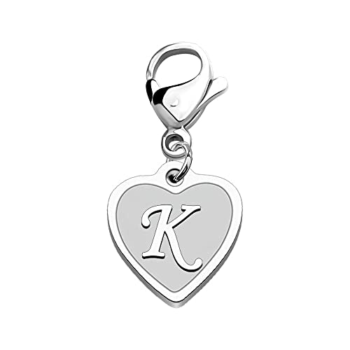 FAADBUK Initial Letter A-Z Alphabet Heart Charms for Jewelry Bracelet Keychain Necklace Initial Stainless steel Clasp Clip on Charm - color: intial K