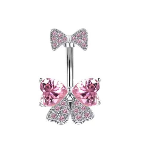 14G Rhinestone Bowknot Belly Button Ring for Women - Stainless Steel CZ Crystal Bow Navel Curved Barbell - Sparkling Body Piercing Jewelry - color: Pink