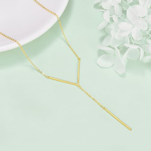 Hancock Sterling Silver Long Bar Necklace Y Shape Necklace for Women Gold Plated Drop Lariat Chain Necklace Minimalist Jewelry