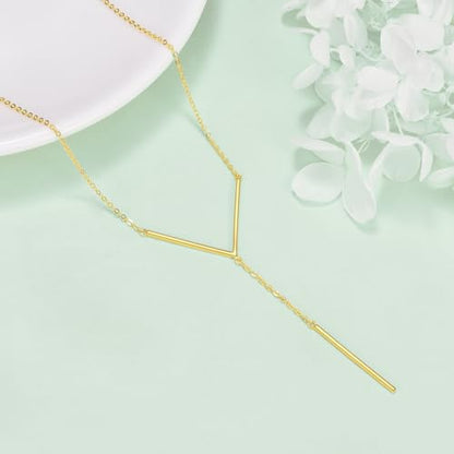 Hancock Sterling Silver Long Bar Necklace Y Shape Necklace for Women Gold Plated Drop Lariat Chain Necklace Minimalist Jewelry