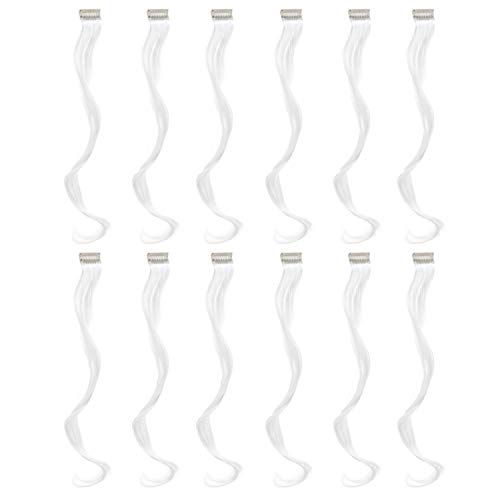 12 Pcs Curly Wavy One Color Party Highlights Clip on in Hair Extensions For Women Colored Hair Streak Synthetic Hairpieces (White) - color: White