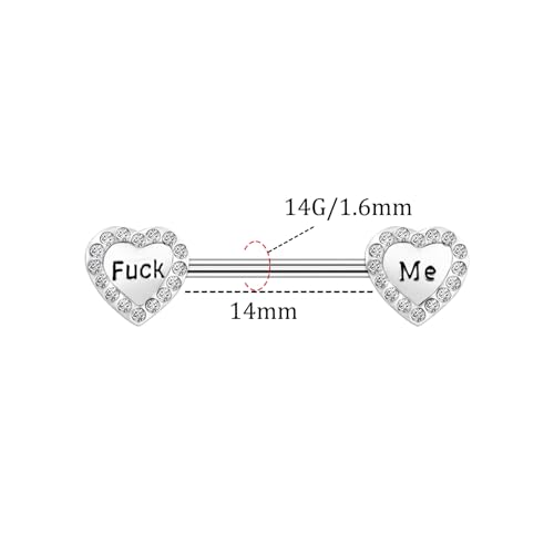 VERAMI 14G 16G Bat Devil Heart Nipple Rings Stainless Steel Heart Nipple Barbell Rings Tongue Rings Body Piercing for Women Men - color: silver CF