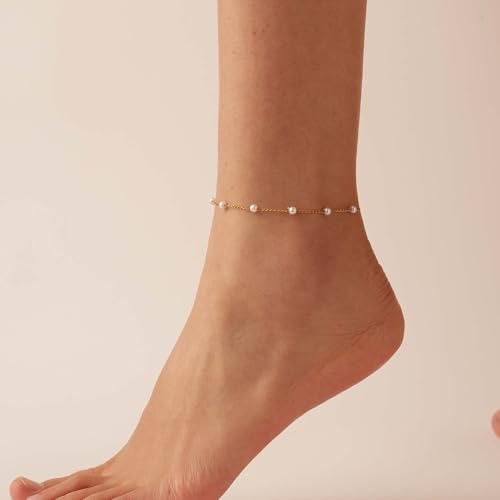 Ankle Bracelets for Women 18K Gold Plated Dainty Layering Anklets for Women Layered Twisted Rope Coin Chain Anklet Bracelets Waterproof Beach Summer Foot Jewelry - color: Pearl Chain-Gold