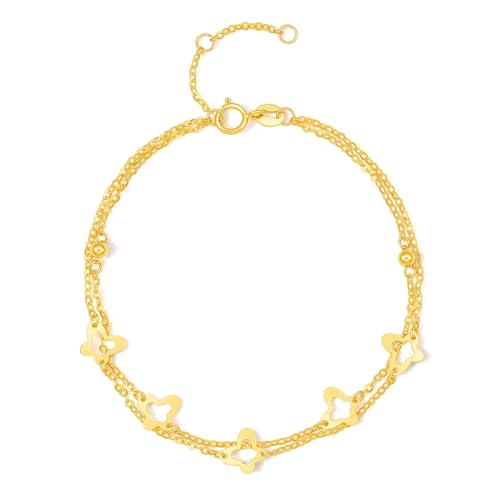 ZHOU LIU FU 18K Yellow Gold Charm Bracelet Hollow Heart Star Butterfly Charms Delicate Double Chain Bracelets Adjustable Cute Jewelry for Women Her Mom Daughter Birthday Anniversary 16+3cm/6.3-7.5" - style: Butterfly