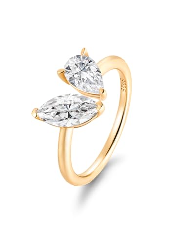 FWM 2 Carat Moissanite Toi Et Moi Open Ring for Women, Adjustable Engagement Wedding Ring, Solid Sterling Silver With Gold Plated, Anniversary Birthday Christmas Valentines Jewelry Gift - color: Yellow Gold, size: 7
