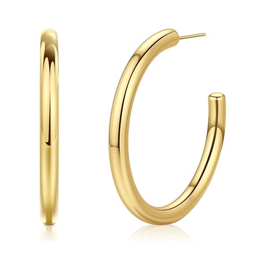 Gold Hoop Earrings for Women Summer Earrings Stainless Steel Hypoallergenic Earrings for Sensitive Ears Non Tarnish Hoops 4mm Hollow Tube Lightweight Earring Gifts for Women - style: 50mm Gold