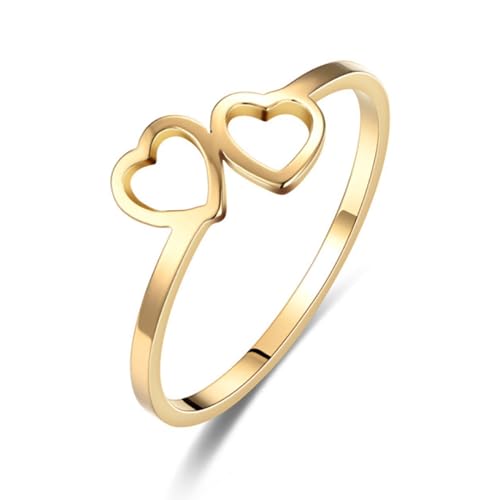 Love Plain Stacking Band Statement Wedding Promise Ring For Women | Stainless Steel, Cute Hollow Heart Design,Waterproof,Tarnish Resistant,Gift For Mother’s Day, Valentine’s Day, Christmas - color: Gold 2 Hearts
