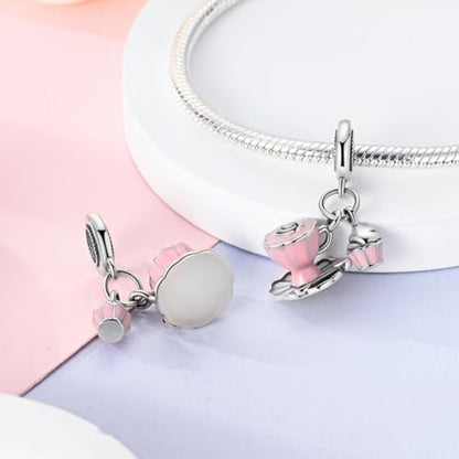 S925 Sterling Silver Cute Bead Charm for Pandora Bracelets and Necklaces | Lucky Clover Cute Animal Pink Bow Cherry Butterfly Pendant Bead Charms Jewelry Making Gifts for Women Valentines Mother's Day - style: Afternoon Tea Dangle Charm