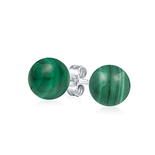 Classic Birthstones Gemstone 10MM Ball Stud Earrings .925 Sterling Silver - color: Green Malachite