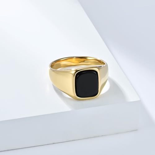 PAMTIER Men's Stainless Steel Gemstone Polished Signet Rings Classic Minimalist Square Cabochon Statement Band Jewelry Gift - color: Gold Black