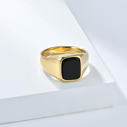 PAMTIER Men's Stainless Steel Gemstone Polished Signet Rings Classic Minimalist Square Cabochon Statement Band Jewelry Gift - color: Gold Black