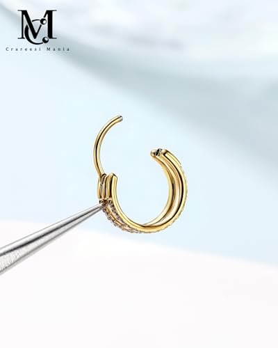 Nose Ring Hoop, 316L Stainless Steel Double Nose Rings, 20G Nose Piercing Jewelry for Women, Clear CZ Helix Cartilage Septum Nose Hoops - color: Gold-6mm