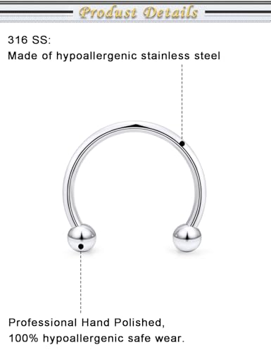 6PCS Septum Rings 18G Stainless Steel Nose Septum Ring Horseshoe Earring Eyebrow Lip Smiley Piercing Jewelry for Women Men Inner Diameter 8mm/10mm/12mm - color: silvertone,ball closure