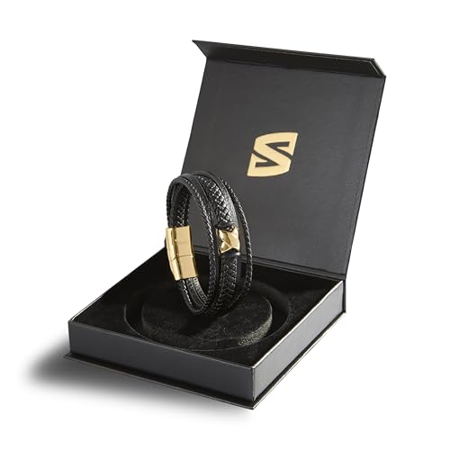SERASAR Premium Leather Bracelet Men | Stainless Steel Magnetic Clasp | Three Colors | Jewelry Box Included - color: Gold, size: 17cm, style: Flake