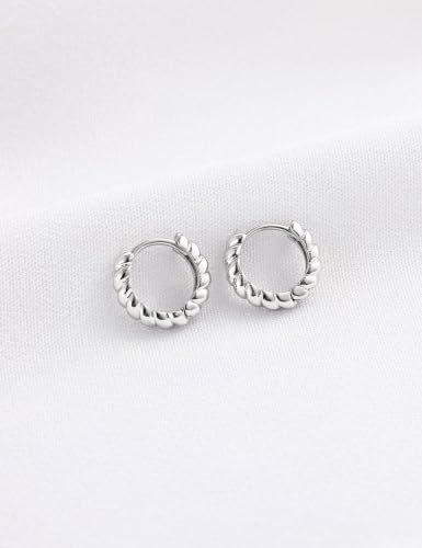 Fiusem 14K Gold Plated Huggie Hoop Earrings for Women | 8/10/12 Hypoallergenic Small Twisted beaded Huggie Earrings - color: Silver Twisted, size: 8MM