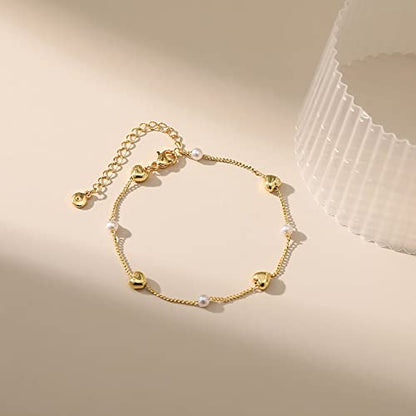 Dainty Gold Bracelets for Women, 18 Gold Plated Adjustable Evil Eye/Butterfly/Beaded/Pearl/Heart/Turquoise Handmade Bracelet for Women - style: Pearl and Heart