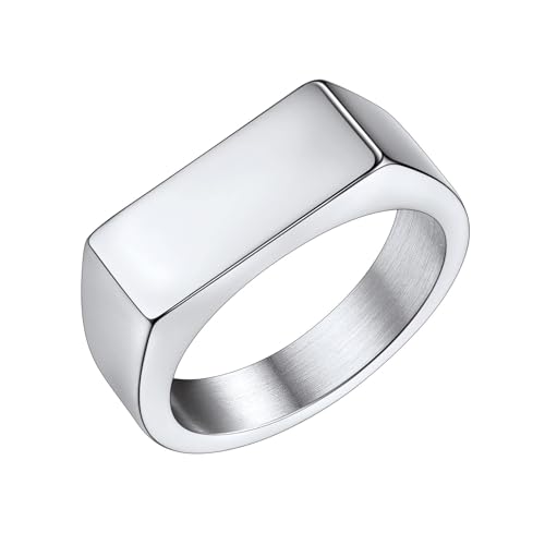 Bestyle Stainless Steel Signet Ring for Men Women in Gold/Black/Silver/Vintage Gray Tone, Chunky Thick Heavy Dome Band Ring Cool Finger Ring, Gift for Dad Husband, Size 7-14 Customizable - color: 01. Silver-Rectangle