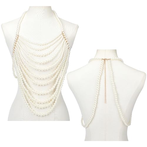 White Pearl Shoulder Chain Sexy Layered Necklace Imitation Pearls Round Beaded Boho Top Body Chains Multilayered Jewelry for Women Summer Beaches Party Decoration Wedding Accessories Gifts
