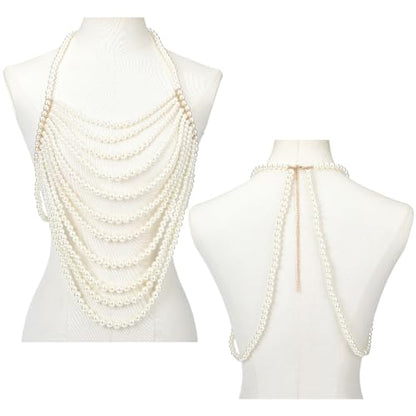 White Pearl Shoulder Chain Sexy Layered Necklace Imitation Pearls Round Beaded Boho Top Body Chains Multilayered Jewelry for Women Summer Beaches Party Decoration Wedding Accessories Gifts