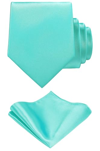 TIE G Solid Satin Woven dyed Color Formal Black Necktie and Pocket Square Sets in Gift Box - color: Aqua