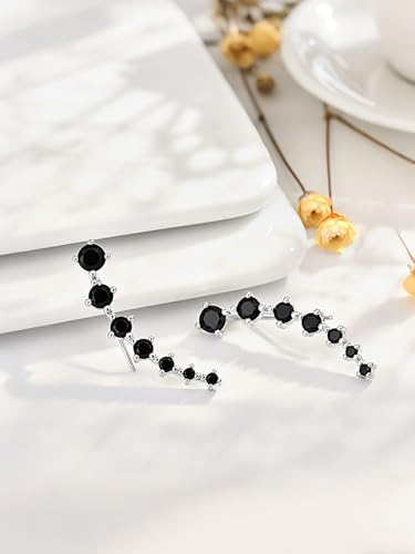 Black 7 Crystals Ear Cuffs Climber Earrings for Women Silver Plated Cartilage Crawler Cubic Zirconia CZ Hypoallergenic Piercing Earring Fashion Anniversary Birthday Jewelry Gifts