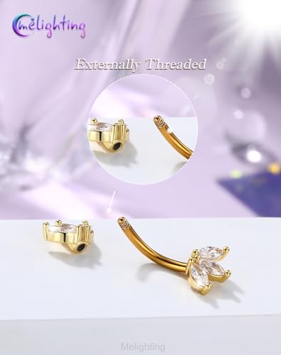 Melighting 14G Gold Lotus Belly Button Ring, Double CZ Navel Ring 316L Surgical Stainless Steel Marquise 5A CZ Steel Belly Bar 8 mm/10 mm - color: Gold, size: 14g10mm