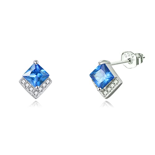 Birthstone Stud Earrings Sterling Silver Square Created Crystal Earrings Cubic Zirconia Hypoallergenic Piercing Jewelry Small Gifts for Women Mothers - color: Dec-Topaz