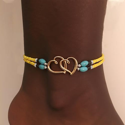 Elastic Beaded Ankle Bracelets for Women Double Heart Layered Stretch Ankle Bracelets Waterproof Dainty Boho Beaded Anklets for Summer Beach Foot Jewelry - color: Yellow Gold