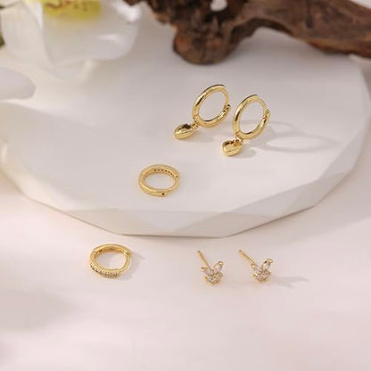 Gold Plated Earrings for Women, 14k Gold Plated Earring Stack Hypoallergenic Pearl Drop Earring Dainty Earrings for Women Trendy Cute Small Huggie Hoop Earring Fashion Womens Jewelry - color: beautiful set