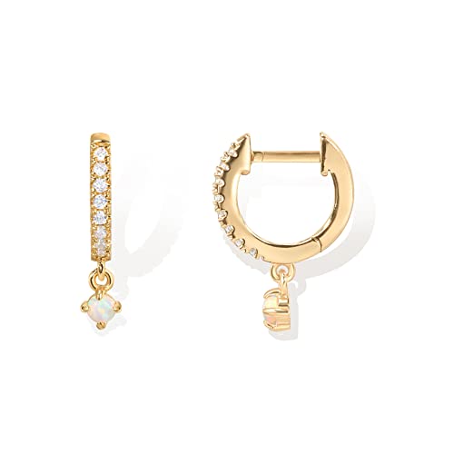 PAVOI 14K Gold Plated Huggie Hoop Earrings with Charms for Women - 925 Sterling Silver Posts Dainty Motif Huggie Hoop Dangle Earrings - Lightweight Dangle Drop Jewelry with Cubic Zirconia - style: Opal