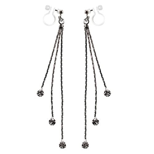 Dangle Silver Invisible Clip On Earrings for Women Not Pierced Gold Crystal Rhinestone Comfortable Hoop Fringe Long Chain Clip On Earrings - color: Chain Silver