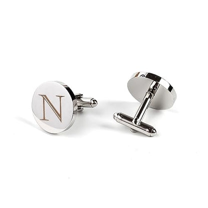 Mens Initial Silver Cufflinks A-Z Alphabet Letter Steel Cuff Links with Engraved Walnut Wood Box Groom Groomsman Wedding Set… - style: N