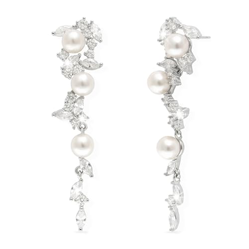 Sonateomber Gold Silver Pearl Rhinestone Dangle Earrings for Women, Elegant CZ Leaf Butterfly Bridal Earings Prom Wedding Fashion Jewelry Gift - color: Silver