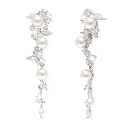 Sonateomber Gold Silver Pearl Rhinestone Dangle Earrings for Women, Elegant CZ Leaf Butterfly Bridal Earings Prom Wedding Fashion Jewelry Gift - color: Silver